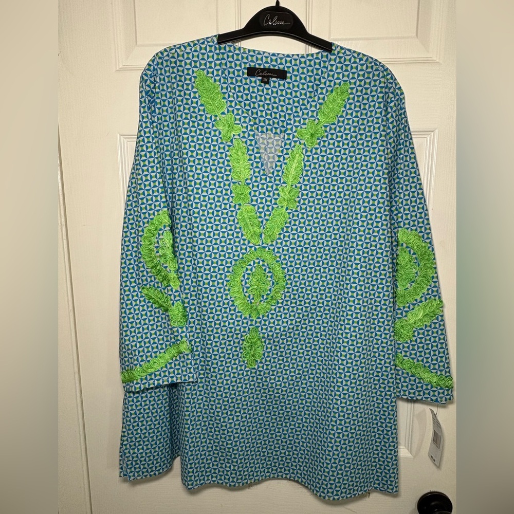 Women's Aqua Tunic Blouse with Lime Embroidery - Casual V-Neck